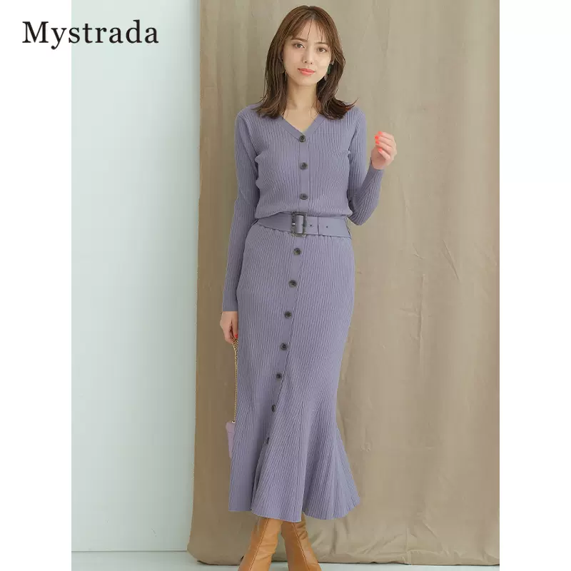 Mystrada 优雅修身鱼尾下摆腰带针织连衣裙31367380-Taobao