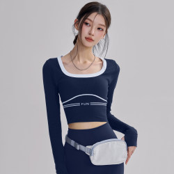 Square-Neck Yoga Clothes for Women with Chest Pads, Running Tight-Fitting Short Fitness Sports Tops, Slimming Pilates Training Long Sleeves