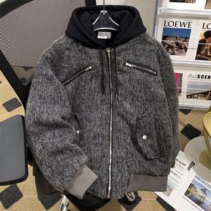 
Winter new fake two-piece cotton coat for men, American retro loose casual, thickened and warm couple hooded cotton coat