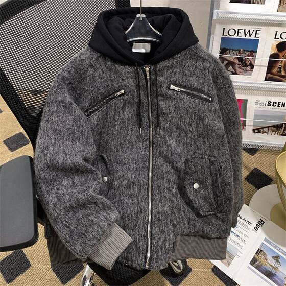 
Winter new fake two-piece cotton coat for men, American retro loose casual, thickened and warm couple hooded cotton coat