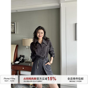 
Zhang Azing [High-end Fashion] Early Spring Striped Gray Tone Waist Covering Fake Two-piece Temperament Shirt Dress