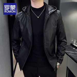 
Romon men's hooded leather jacket slim fit autumn and winter 2026 new hooded PU leather casual top jacket for men
