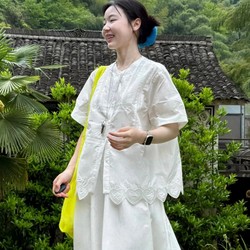 Unique and Super Pretty White Short-Sleeved Shirt for Women, Summer Design, Niche Puff Sleeves, Lace Hollow-Out Blouse Top