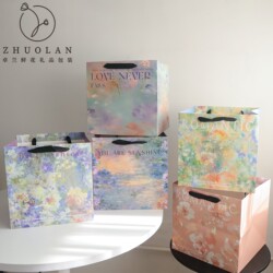 Flower Tote Bag, Oil Painting Style Gift Tote Bag, High-End Thickened Large Size Hand-Held Bouquet Packaging White Cardboard Bag