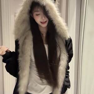 
Black fur collar mountain eagle cat ears hooded coat for men and women 2025 winter plus velvet and thickened couple cotton coat