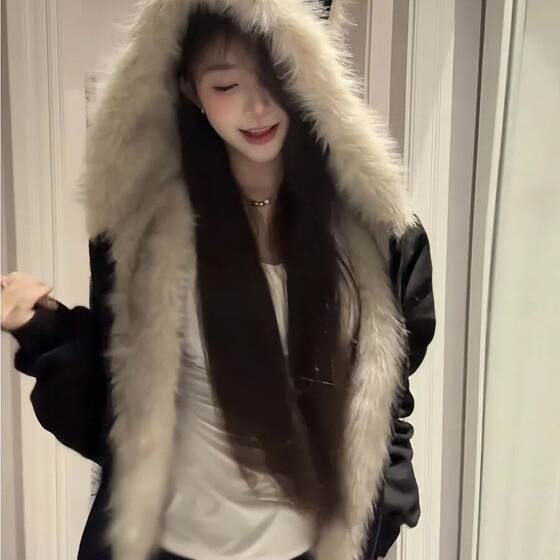 
Black fur collar mountain eagle cat ears hooded coat for men and women 2025 winter plus velvet and thickened couple cotton coat