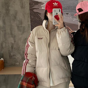 Real photo of Muggle webbing striped cotton jacket for men and women in winter thickened couple plaid splicing cotton jacket stand collar bread jacket