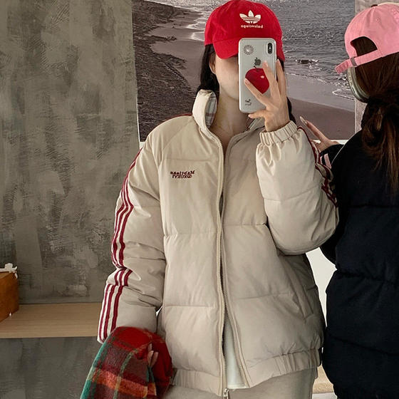 Real photo of Muggle webbing striped cotton jacket for men and women in winter thickened couple plaid splicing cotton jacket stand collar bread jacket