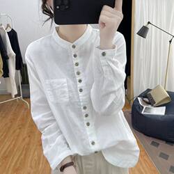 Stand Collar Cotton Long-Sleeve Shirt for Women 2026 Spring and Autumn Korean Vintage Style Top Casual Base Shirt Loose Blouse