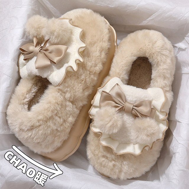Bow cotton slippers for women winter 2025 new indoor home bag with thick sole warm plush cotton shoes for outer wear