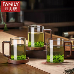 Glass Cup, Green Tea Cup, Japanese-Style Tea Cup with Handle, High-Temperature Resistant Office Drinking Cup, Anti-Scalding Wooden Handle Cup