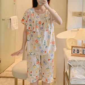 
Anti-bump, sweet and wearable cotton silk suit, short-sleeved cotton silk pajamas for women, summer mom style, large size air-conditioned home clothes