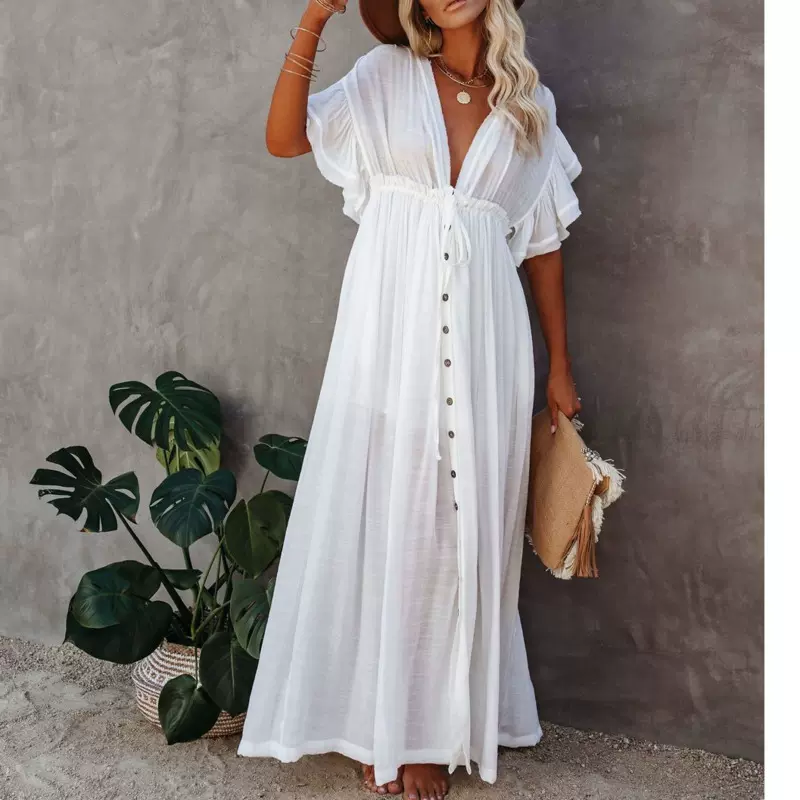 Sleeve Dresses Casual Pleated Drawstring Party Long Dresses-Taobao