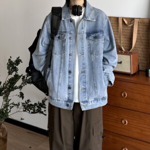 
BUTQIU Japanese retro washed distressed denim jacket for men and women loose casual all-match jacket top