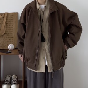 B East Japanese men's clothing spring and autumn retro solid color Japanese trendy youthful standing collar rasp shoulder loose couple jacket men's