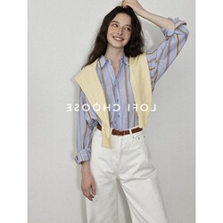Old Money Style Blue and Yellow Striped Layered Polo Collar Shirt for Women, Spring and Summer, High-End, Slimming, Thin Long-Sleeve Shirt with Patch Pockets