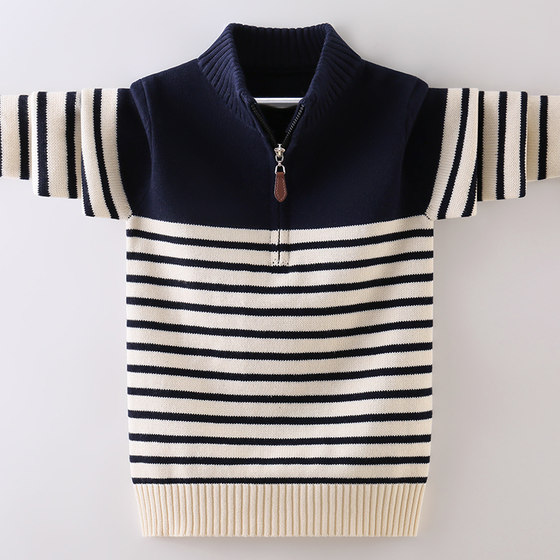 
Boys' sweater zipper half high stand-up collar children's autumn and winter new velvet thickened medium and large children's spring knitted sweater for boys