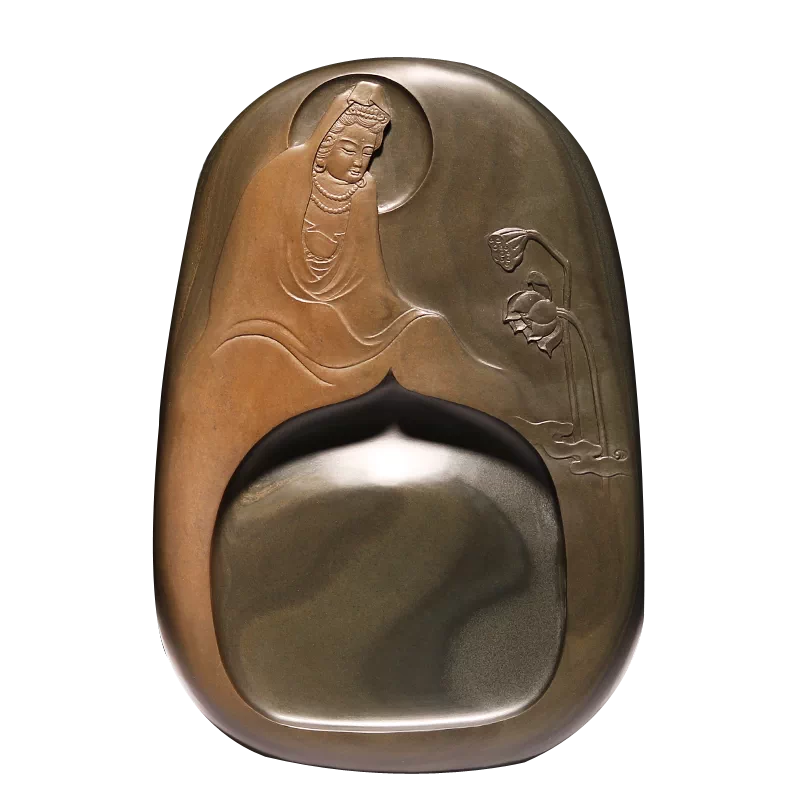 国家非遗安徽歙砚手工巧雕高档禅意砚台《观音赐福》天然老坑金晕原石  