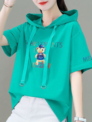 Cotton Blend Hooded Short-Sleeve Sweatshirt for Women, Summer 2025 New Korean Style Loose Plus Size T-Shirt, Thin Top for Women, Trendy ins