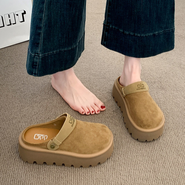 Thick-soled heightened Birken shoes bag-toe half-slippers for women wearing 2025 new autumn one-foot lazy Birken shoes