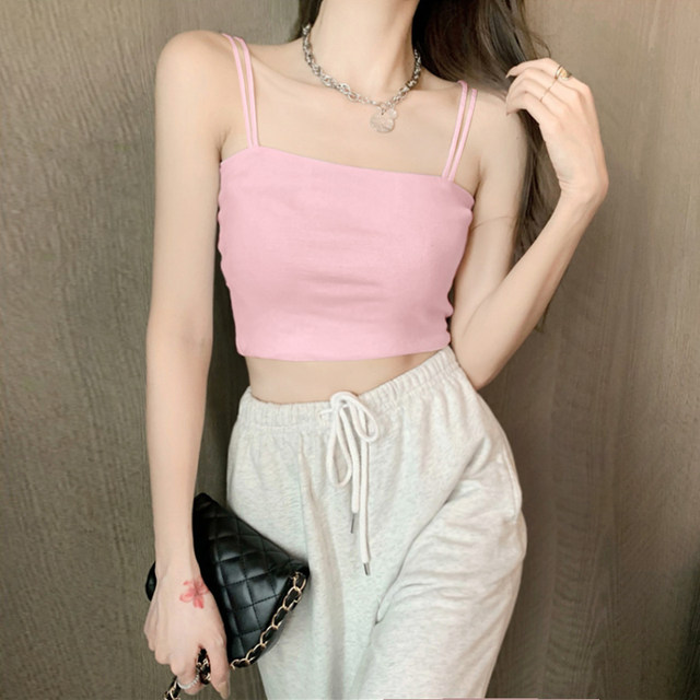 Pure cotton suspender vest for women with summer breast pads integrated with short sexy base and sweet and spicy strap top