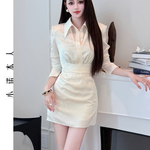 
Xiaonuo's waist-hugging shirt skirt is pure slim and high-end dress with high waist slim hip short skirt 251295