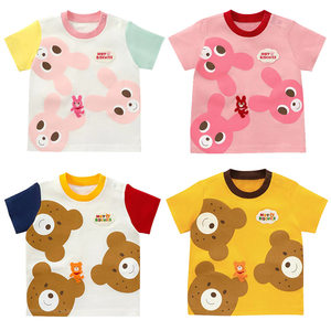 
Spot miki children's clothing, new summer style, men and women, cartoon, pockmarked bear print, short-sleeved T-shirt color-blocking top