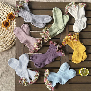 
25 spring and autumn style original imported yarn organic long velvet cotton high-end girls baby girls lace lace short socks