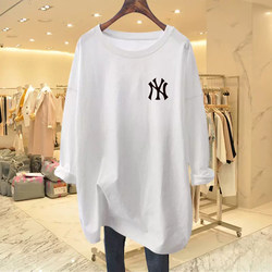 White Loose-Fitting Pure Cotton Long-Sleeve T-Shirt for Women, Autumn and Winter 2025 New European Style, Oversized, Fleece-Lined, Mid-Length Base Shirt