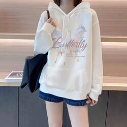 White Pure Cotton Hooded Sweatshirt for Women, 2026 Autumn and Winter New Popular Style, Loose and Lazy Style Jacket, Mid-Length Top