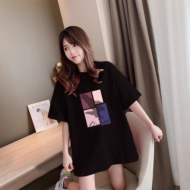 Cotton short -sleeved T -shirt women's top long loose Korean edition ...