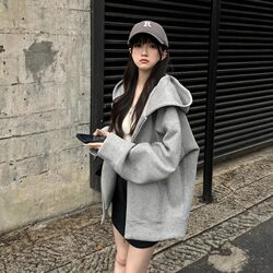 Pure Cotton Gray Hooded Sweatshirt for Women, Spring and Autumn 2026 New Style, Casual and Lazy American-Style Cardigan Jacket with Zipper