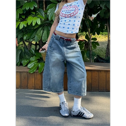 American Retro Washed Scimitar Denim Shorts for Women, Summer High Street Slimming Design, Loose Straight Wide-Leg Cropped Pants