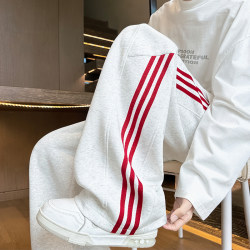American-Style Heavyweight Three-Stripe Sweatpants for Men, Spring and Autumn, Floor-Length Wide-Leg Pants, Loose Straight-Leg Casual Pants