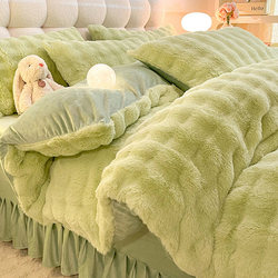 2025 New Rabbit Fur Milk Velvet Bed Skirt Four-Piece Set Winter Thickened Warm Coral Velvet Bed Sheet Duvet Cover Three-Piece Set