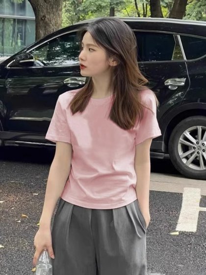 粉色正肩短袖t恤女夏季2026新款洋气高级小个子修身短款体恤上衣