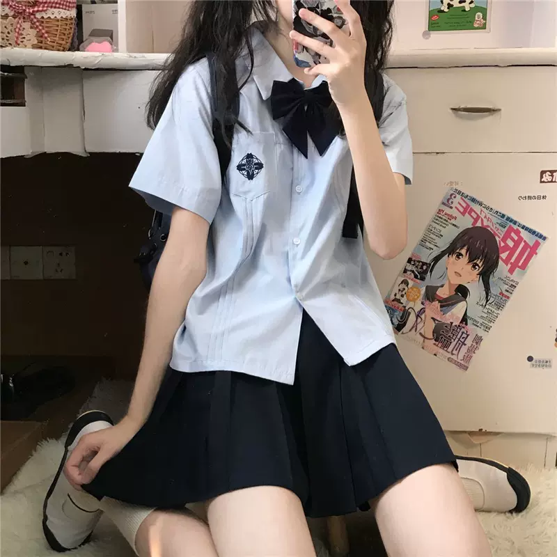 jk制服套装辣妹风琴褶衬衫短袖夏季蓝色衬衣韩系校服学院风上衣女-Taobao