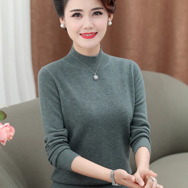 Mother's clothing 100% pure woolen sweater for middle-aged and elderly women, autumn and winter plus size half turtleneck bottoming sweater