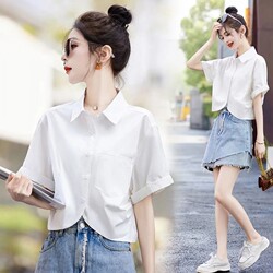 Designed Pure Cotton Short-Sleeved Shirt for Women, New Summer Style, Short Top for Petite Figures, Preppy Style, Fashionable Casual Shirt
