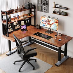 Solid Wood Corner Computer Desk, Home Desktop Desk with Integrated Bookshelf, Gaming Desk, Bedroom L-Shaped Double Office Desk
