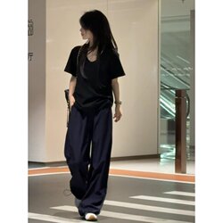 Korean Style Lazy Black V-Neck Regular Shoulder Short-Sleeve T-Shirt for Women 2025 New Summer Loose Slimming Pure Cotton Half-Sleeve Top