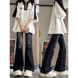 American Retro Contrasting Color Polo Collar Short-Sleeved T-Shirt for Women in Summer, Trendy Brand Oversize Loose Half-Sleeved Top for Couples