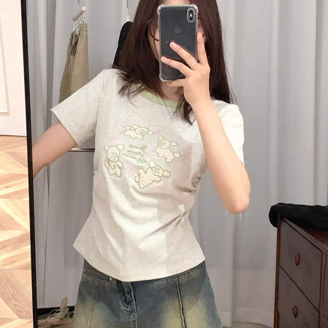 Cute cartoon puppy flocking embroidered short sleeves for women with small fresh green round neck shoulder T-shirt waist-hugging short top