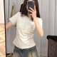 Cute cartoon puppy flocking embroidered short sleeves for women with small fresh green round neck shoulder T-shirt waist-hugging short top