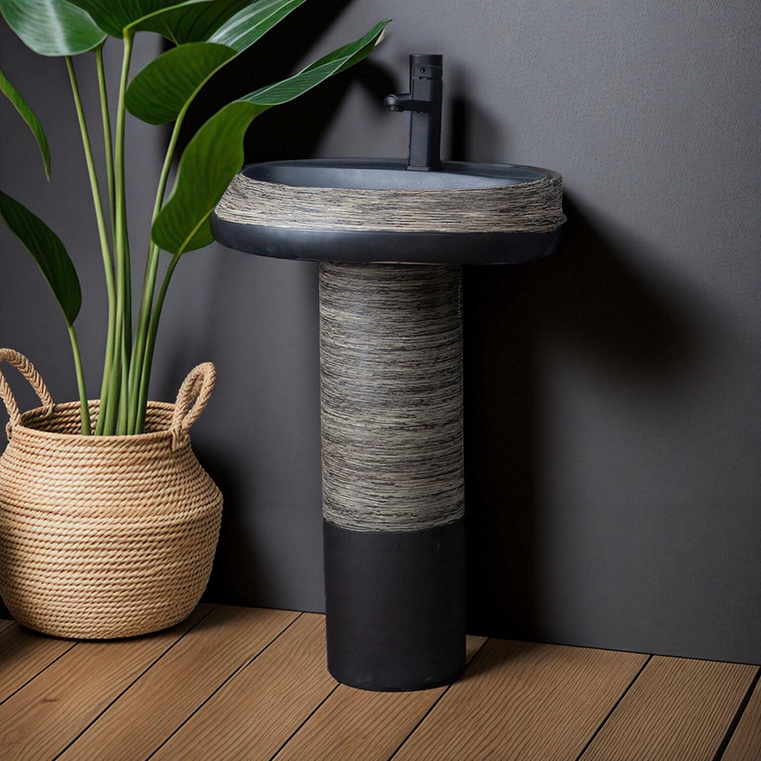 Jing Zhen Ceramic Column Wash Basin 12L Retro Bathroom Sink