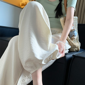 White ice silk milk fu pants for women in summer thin high waist tying small lantern grandma nine-point harem sports pants
