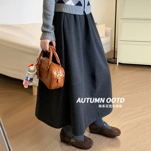 
Gray woolen skirt for women autumn and winter 2025 new high-waisted slim a-line umbrella skirt mid-length bud skirt