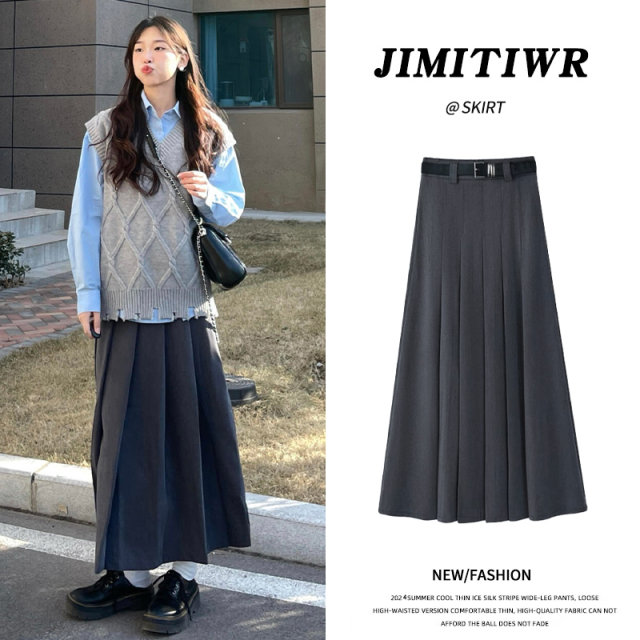 Gray skirt for women in spring, autumn and winter 2025 new high-waisted slim A-line small mid-length suit pleated skirt