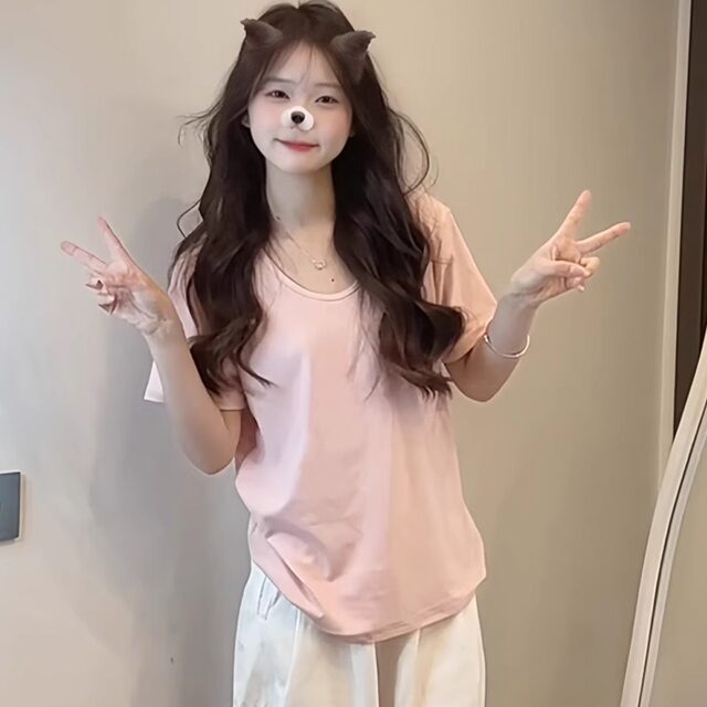 Pink V-neck Loose Front Shoulder Short Sleeve T-shirt for Women in Summer 2025 New Lazy Casual Cotton Half Sleeve T-shirt Top