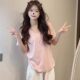 Pink V-neck Loose Front Shoulder Short Sleeve T-shirt for Women in Summer 2025 New Lazy Casual Cotton Half Sleeve T-shirt Top